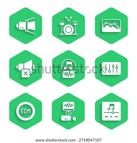 Set Music note, tone, recording studio, player, Sound mixer controller, EDM electronic dance music, Speaker mute, wave equalizer and Movie spotlight icon. Vector