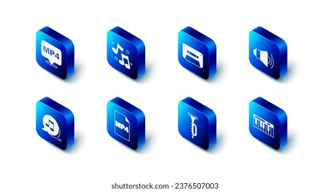 Set Music note, tone, Retro audio cassette tape, Megaphone, synthesizer, Trumpet, MP4 file document,  and  icon. Vector
