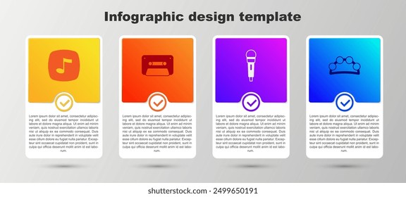 Set Music note, tone, Retro audio cassette tape, Microphone and Tambourine. Business infographic template. Vector