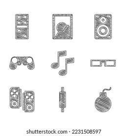 Set Music Note, Ton, Rolling Pin, Bomb ready explode, Kinogläser, Gamepad, Stereo-Lautsprecher und Domino-Symbol. Vektorgrafik