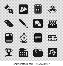 Set Music note, tone, School Bus, building, Exam sheet with check mark, Marker pen, Eraser or rubber, Fountain nib and Speech bubble chat icon. Vector