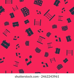 Set Music note, tone, School building, backpack and Abacus on seamless pattern. Vector