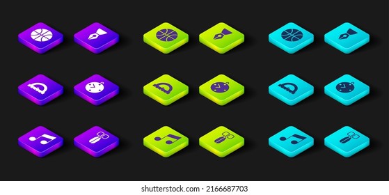 Set Music note, tone, Scissors, Protractor, Clock, Fountain pen nib and Basketball ball icon. Vector