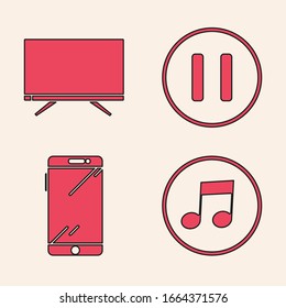 Establecer nota musical, tono, Smart Tv, botón Pausar y Smartphone, icono de teléfono móvil. Vector