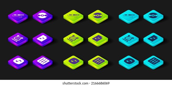 Set Music note, tone, Sound mixer controller, Ancient Greek lyre, MP3 file document, Vinyl disk and Audio jack icon. Vector