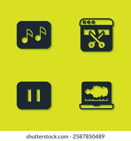 Set Music note, tone, Sound or audio recorder, Pause button and Video editor icon. Vector