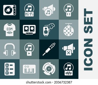 Set Music note, tone, Speaker mute, Disco ball, volume, DJ remote and mixing music, T-shirt, Vinyl player with vinyl disk and Stereo speaker icon. Vector