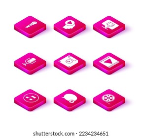 Set Music note, tone, Speech bubble chat, Microphone, Floppy disk for computer data storage, Film reel, Play Video, Dislike in speech and Head people with play button icon. Vector