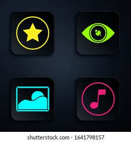 Set Music note, tone, Star, Picture landscape and Eye. Black square button. Vector