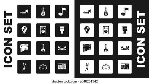 Set Music note, tone, Stereo speaker, Location musical, Trumpet, Drum, Guitar, Home stereo and Pan flute icon. Vector
