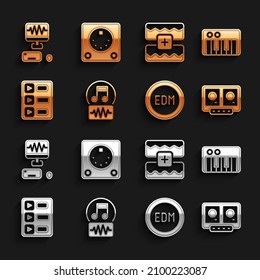 Set Music note, tone, synthesizer, DJ remote and mixing music, EDM electronic dance, playlist, wave equalizer, recording studio and Drum machine icon. Vector