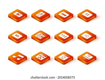 Set Music note, tone, Video recorder or editor, video settings, player, Online, Fast forward, Smart Tv and Arrow shuffle icon. Vector