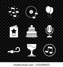 Set Music note, tone, Vinyl disk, Balloons with ribbon, Birthday party horn, Cocktail, Greeting card and Cake icon. Vector