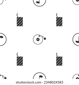 Set Music note, tone, Vinyl player with disk and Firework rocket on seamless pattern. Vector