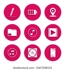 Establecer nota musical, tono, disco de vinilo, Smartphone, teléfono móvil, reproducción de vídeo, carpeta de documentos, reproducción de medios digitales con ubicación e icono de borrador de lápiz. Vector