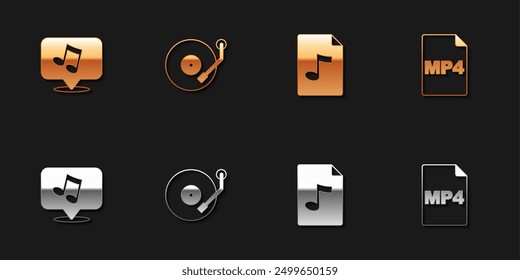 Set Music note, tone, Vinyl player, MP3 file document and MP4 icon. Vector