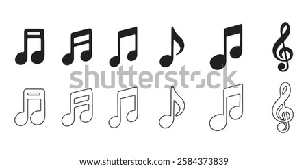 Set of Music Notes and Clefs in Black and White, Vector symbols on white background.