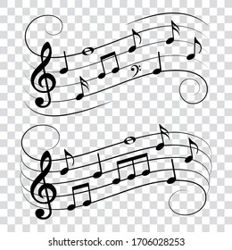 Set of music notes, with curves and swirls, vector illustration.