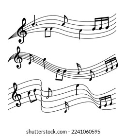 Set of music notes, with curves and swirls, vector illustration.