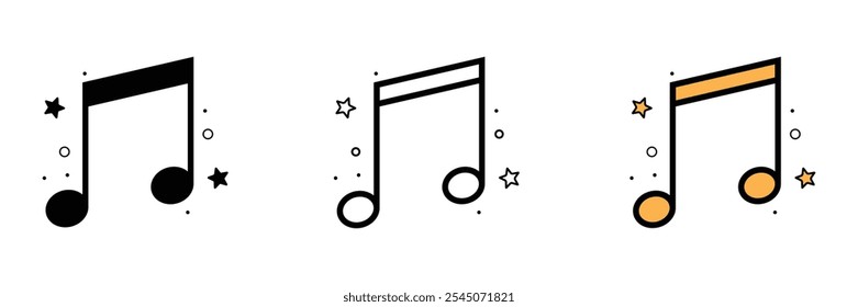 Conjunto de iconos de notas de música con estrellas. Notas de símbolos musicales. Ilustración vectorial.