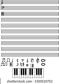 Set of music notes with key.Abstract music sheet on white background.
Vector piano, keyboard and musical symbols.Horizontal music books for composing song.