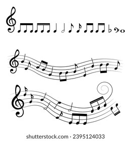 Conjunto de notas musicales y elementos musicales, ilustración vectorial.