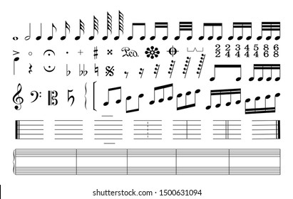 Set of music notes. Music signs, keys and note staves  isolated on white background.