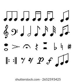 Set of Music Notes and Symbols flat icon vector. Pixel 8bit style