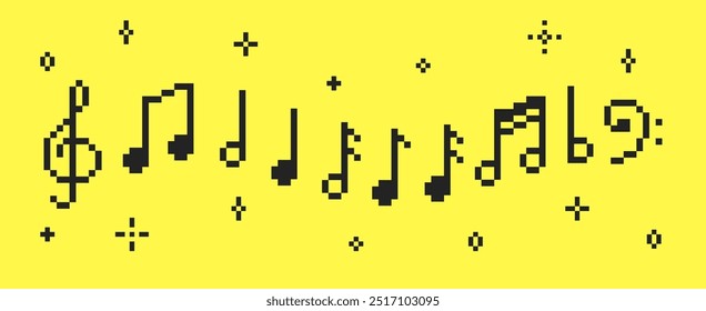 Conjunto de notas musicais, trovão, clave e ícone de melodia em pixel art. Ilustração vetorial retrô.