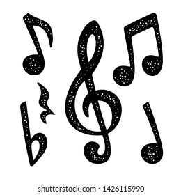 Set Music Notes. Vector Black Vintage Illustration. Isolated On White Background