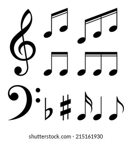 Set of music notes vector. Black and white silhouettes