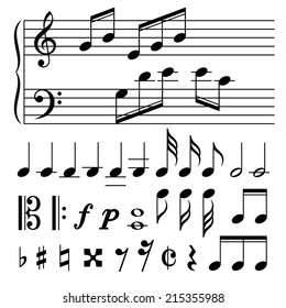 Set of music notes vector. Black and white silhouettes