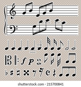 Set of music notes vector. Black and white silhouettes