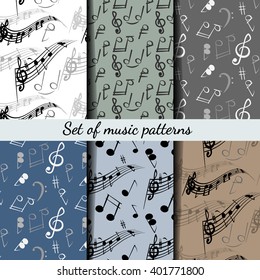 Set of music patterns. Prints with various musical symbols. Blue, grey, brown, white colors. Vector illustration.