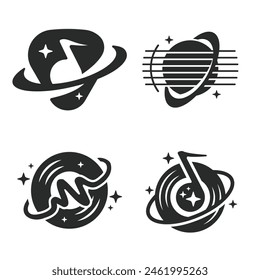 Conjunto de logo de Music Planet. Vector de íconos musicales de Saturno. Diseño de esfera planetaria orbital espacial