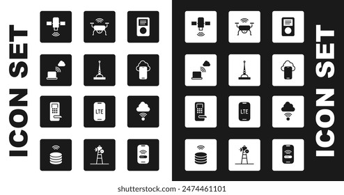 Set Music player, Antenna, Network cloud connection, Satellite, Cloud technology data, Smart drone system,  and Digital door lock icon. Vector