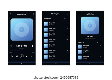 Set of music player app for mobile phones. Music player app interface. Vector stock