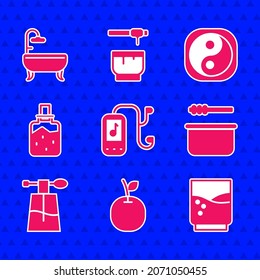 Set Music player, Apple, Glass with water, Sauna bucket and ladle, Perfume, Spa salt, Yin Yang and Bathtub icon. Vector