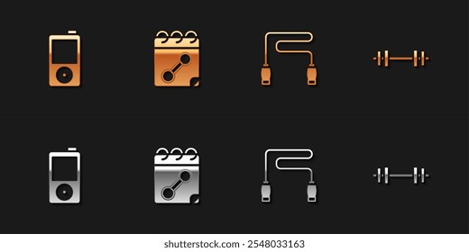 Set Music player, Calendar fitness, Jump rope and Barbell icon. Vector