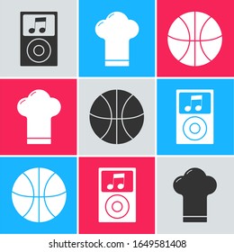 Juego de Música, sombrero Chef y icono de baloncesto. Vector