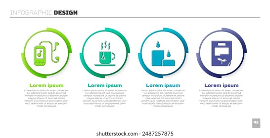 Set Music player, Cup of tea with tea bag, Burning candle and Leaf document. Business infographic template. Vector