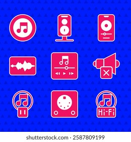 Set Music player, Drum machine, note, tone, Speaker mute, Pause button, wave equalizer,  and  icon. Vector
