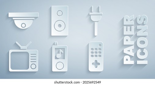 Set Music Player, Electric Plug, Retro Tv, Remote Control, Stereo Speaker And Motion Sensor Icon. Vector