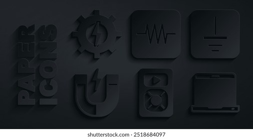 Set Music player, Símbolo elétrico terra, ímã, Laptop, Resistor em circuito eletrônico e Gear e ícone de relâmpago. Vetor