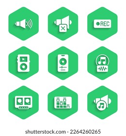 Set Music player, equalizer, Speaker volume, note, tone, DJ remote and mixing music, Record button and  icon. Vector