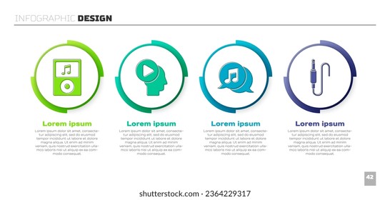Set Music player, Head people with play button, Musical note in speech bubble and Audio jack. Business infographic template. Vector