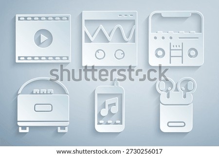 Set Music player, Home stereo with speakers, Stereo, Air headphones in box, Oscilloscope and Online video icon. Vector