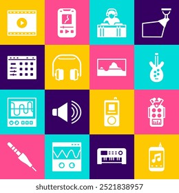 Set Music player, Microphone, Electric bass guitar, DJ playing music, Headphones, Drum machine, Online video and wave equalizer icon. Vector