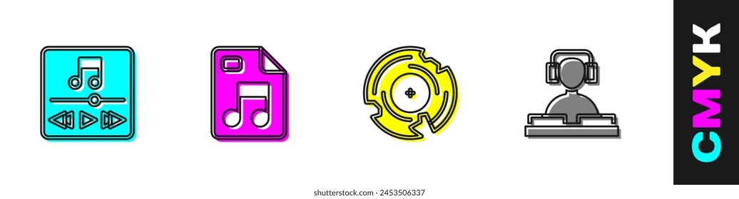 Set Music player, MP3 file document, Vinyl disk and DJ playing music icon. Vector
