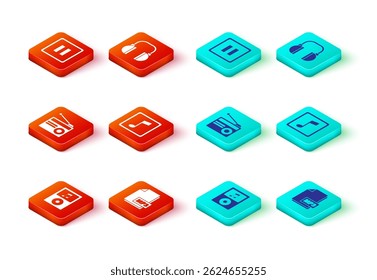 Set Music player, MP3 file document, Radio with antenna, note, tone, Headphones and Pause button icon. Vector